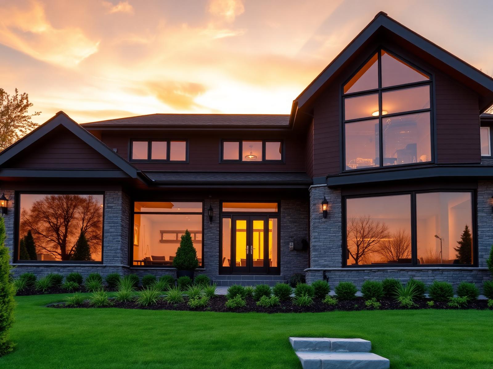 Luxury St. Louis home with crystal-clear windows at golden hour
